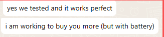 Customer reply after testing, followed by a question about a battery-powered unit.